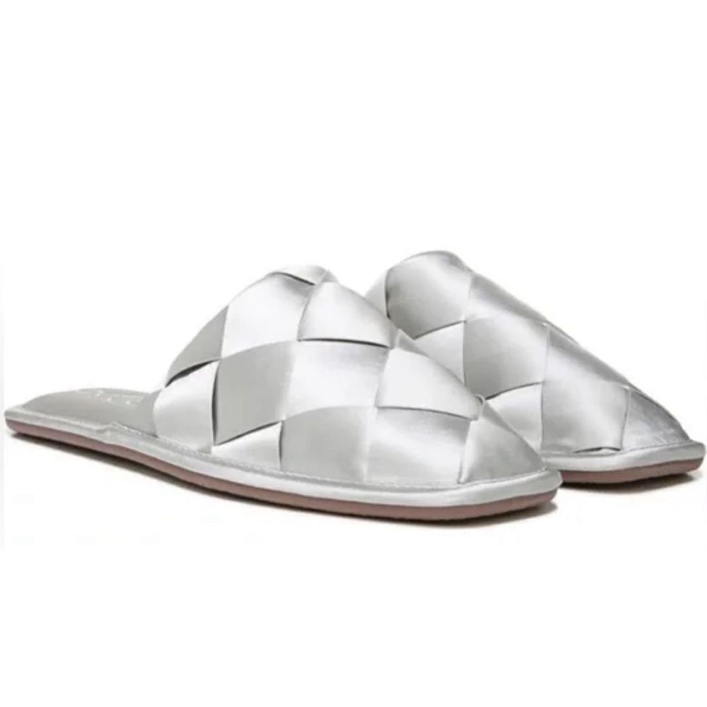 Sam Edelman Mules Ladies 6.5‎ Silver Slip On Round Toe Woven Satin Finish Shoes